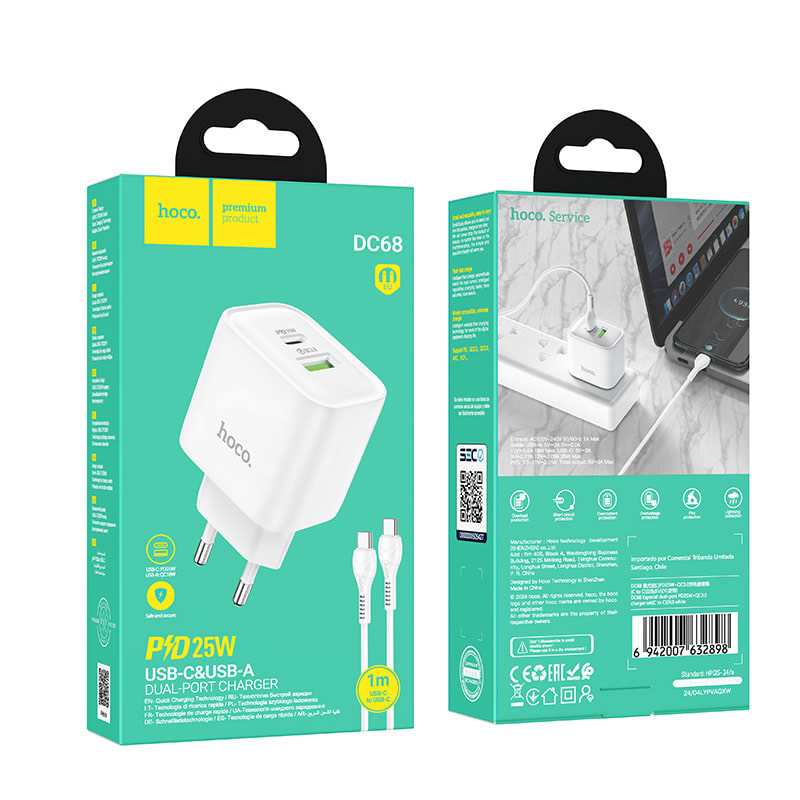 DUAL PORT CHARGER 25W SET USB+C Incluye Cable Tipo C HOCO DC685