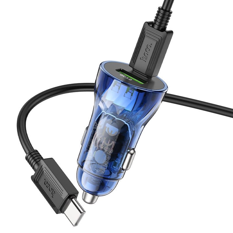 Hoco Cargador Auto Set Z47A Transparent Discovery PD30W+QC3.0 PD a PD Azul3