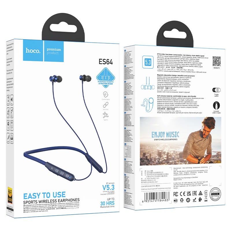EASY TO USE SPORTS WIRELESS EARPHONES ES64 HOCO 30HRS4