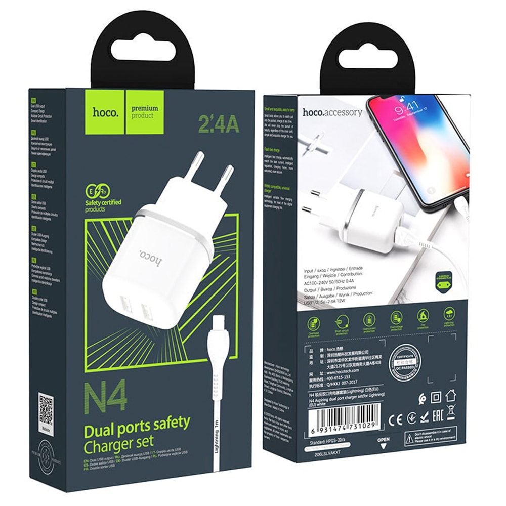 Dual ports safety USB-LIGHTNING N4-2.4A Hoco4