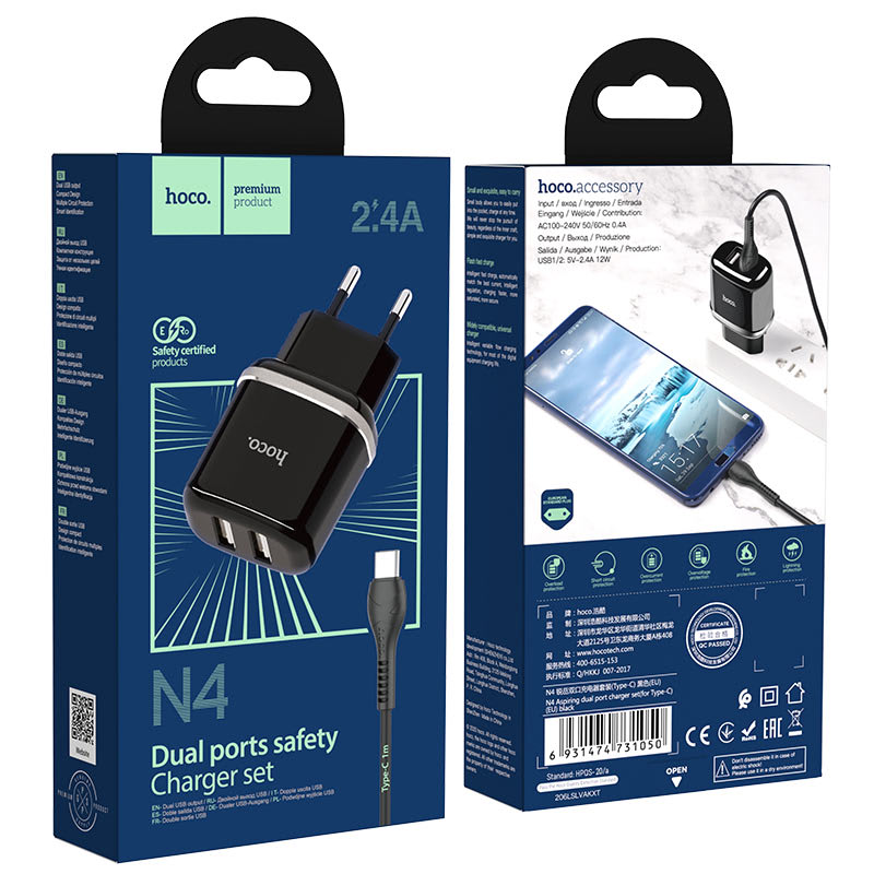 Dual Ports Safety Charger 2.4A Incluye Cable Tipo C HOCO N44