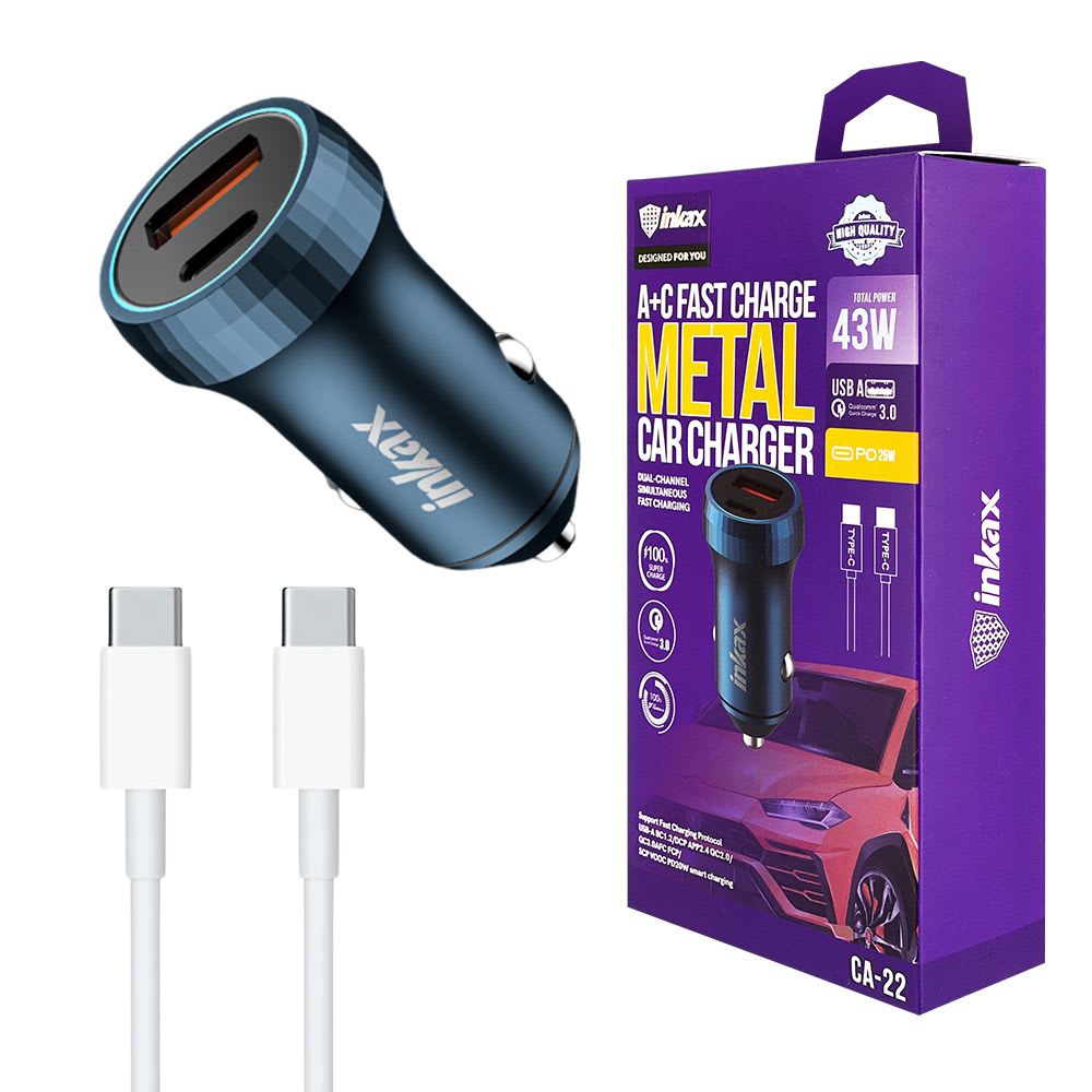 INKAX A+C FAST CHARGE METAL CAR CHARGER DUAL 43W INCLUYE CABLE USB TIPO C A TIPO C 0