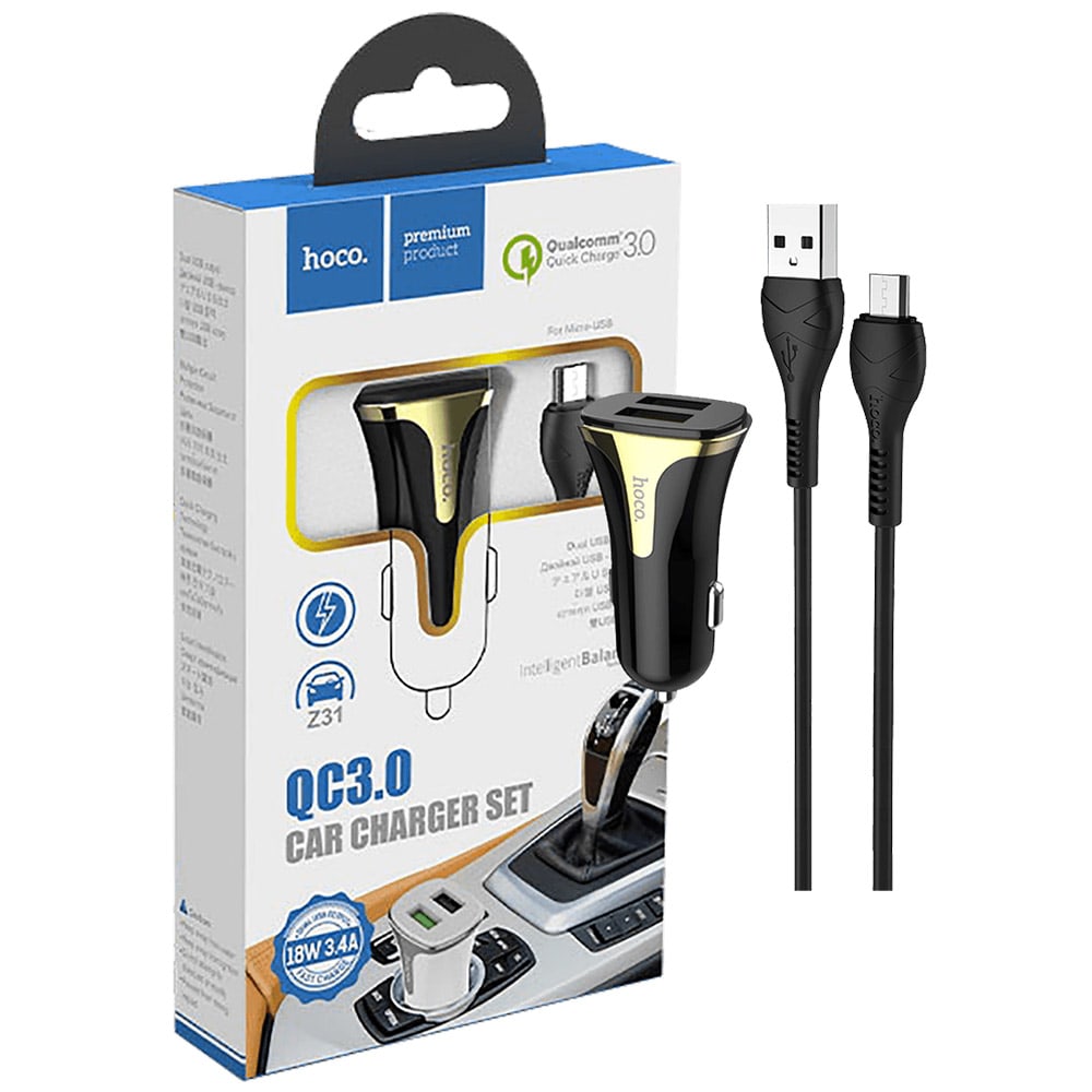 CAR CHARGER SET QC3.0 Z31 18W 3.4A CON CABLE MICRO-USB HOCO3