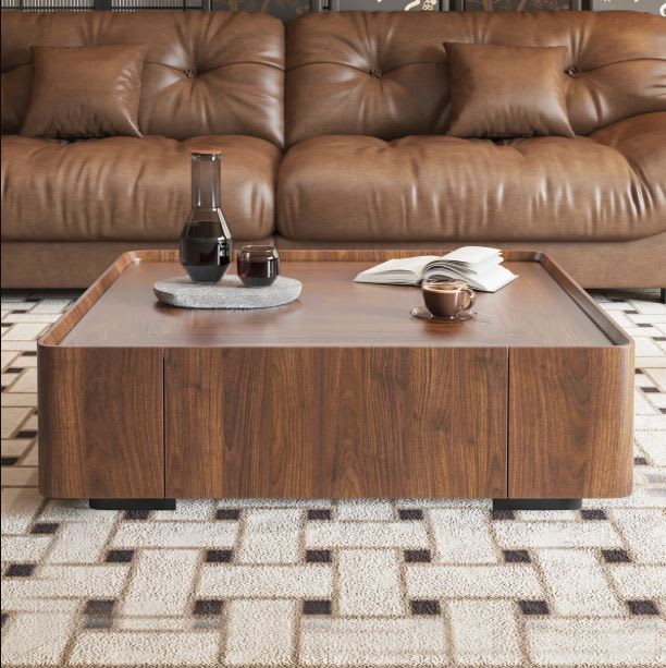 Mesa centro café nogal cuadrada Jillann con cajones de almacenamiento2