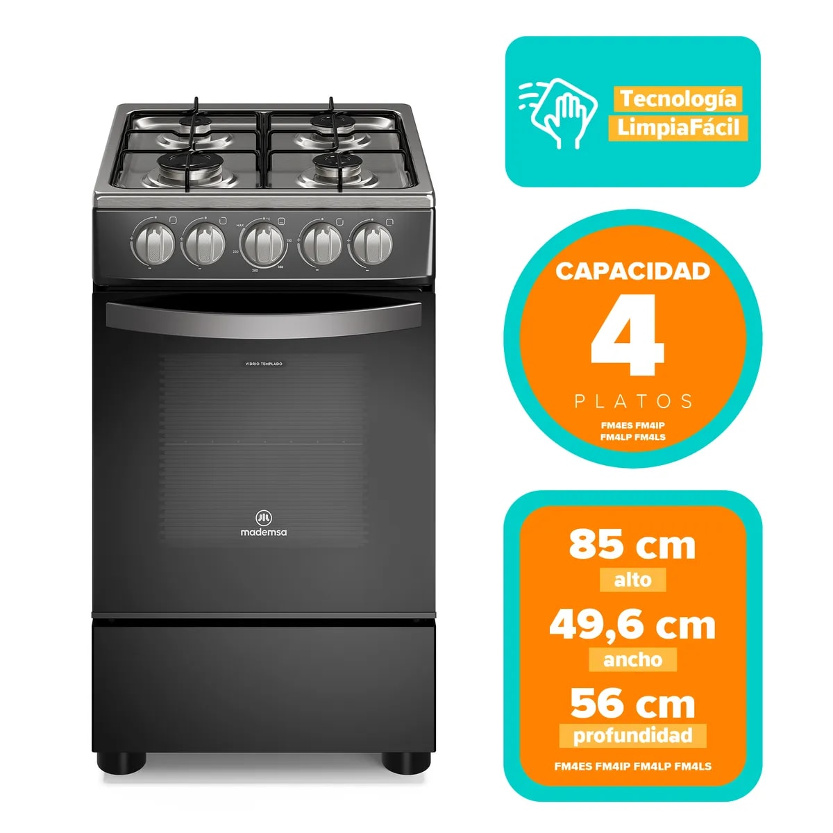 Cocina Mademsa  a Gas 4 Platos Limpiafácil y Parrillas Alambrón FM4IP, caja genérica3