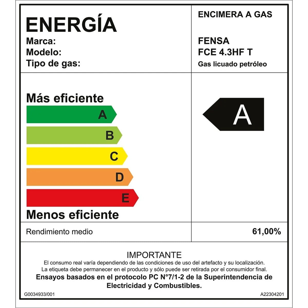 Encimera Gas Fensa Licuado 4 Platos FCE 4.3HF T6
