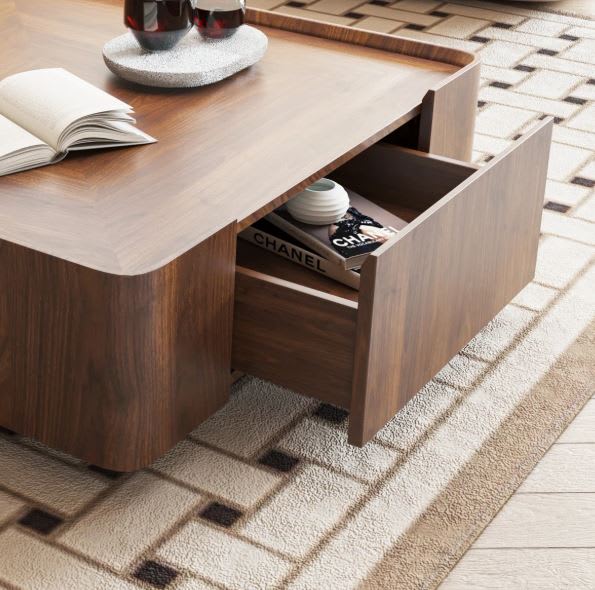 Mesa centro café nogal cuadrada Jillann con cajones de almacenamiento6