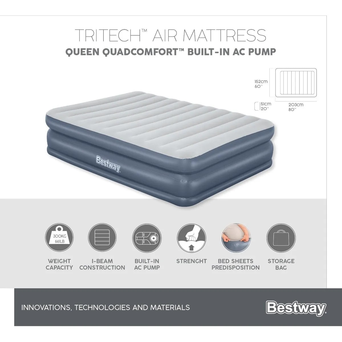 Colchón Inflable Eléctrico Queen 2.03MX1.52MX51cm Bestway, nuevo con caja genérica.3