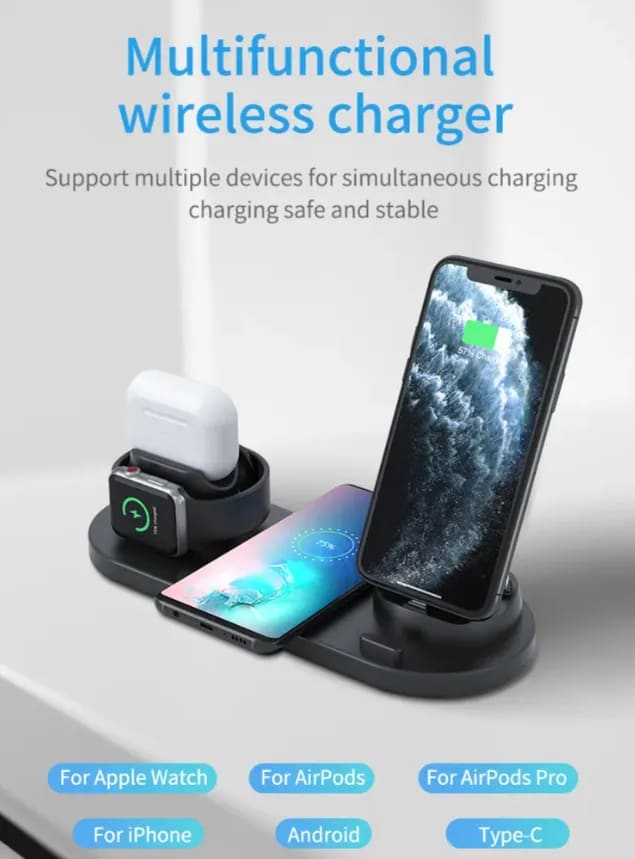 Estación  De Carga Inalámbrico 6 En 1 Cargador-Negro1
