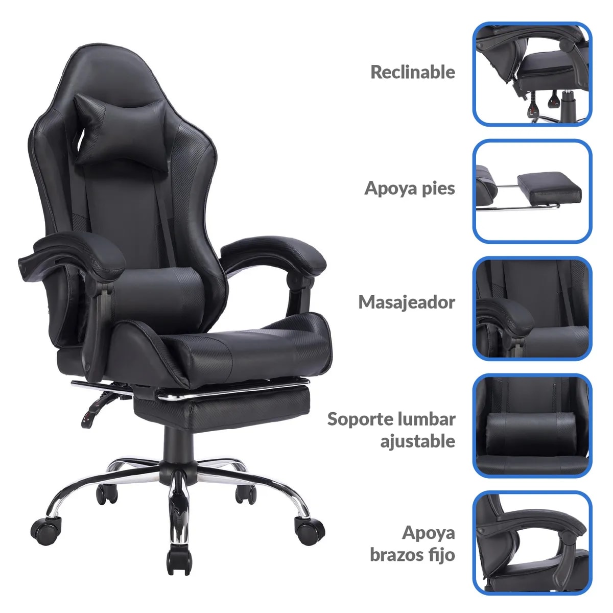 Silla Gamer Escritorio Masaje Just Home Collection  Reposapiés Matrix Negro5