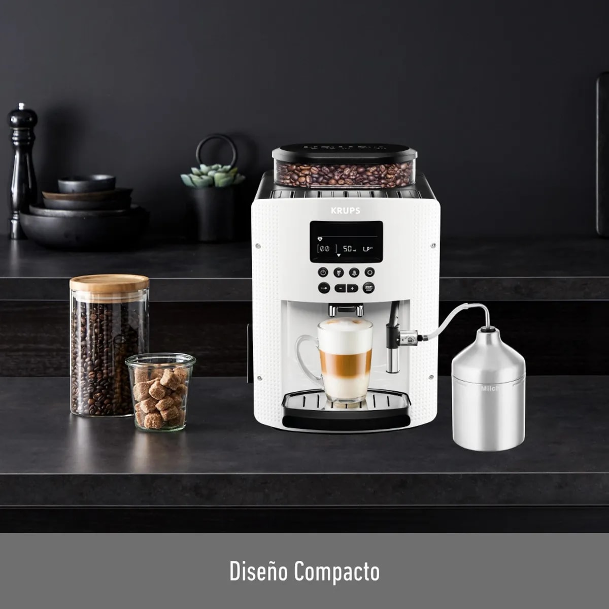 Cafetera KRUPS Espresso Display Essential Blanca+ lechero caja con desgastes2