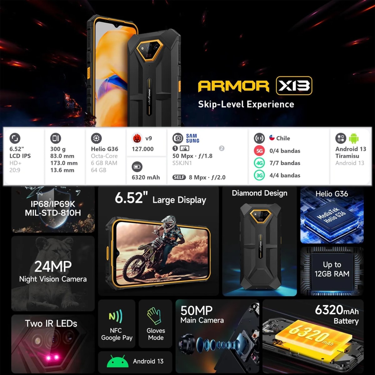 Celular Ulefone Armor X13 10GB+64GB 50MP + 25MP - Naranja2