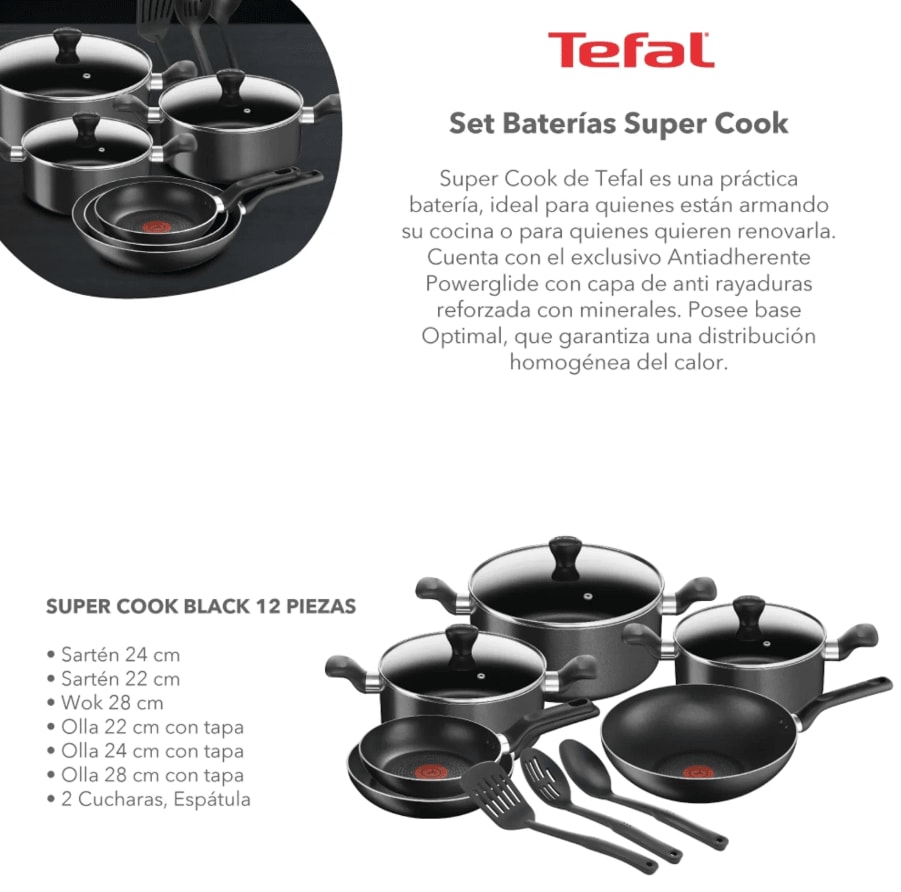 Batería set 12 piezas super cook black tefal,caja dañada.2