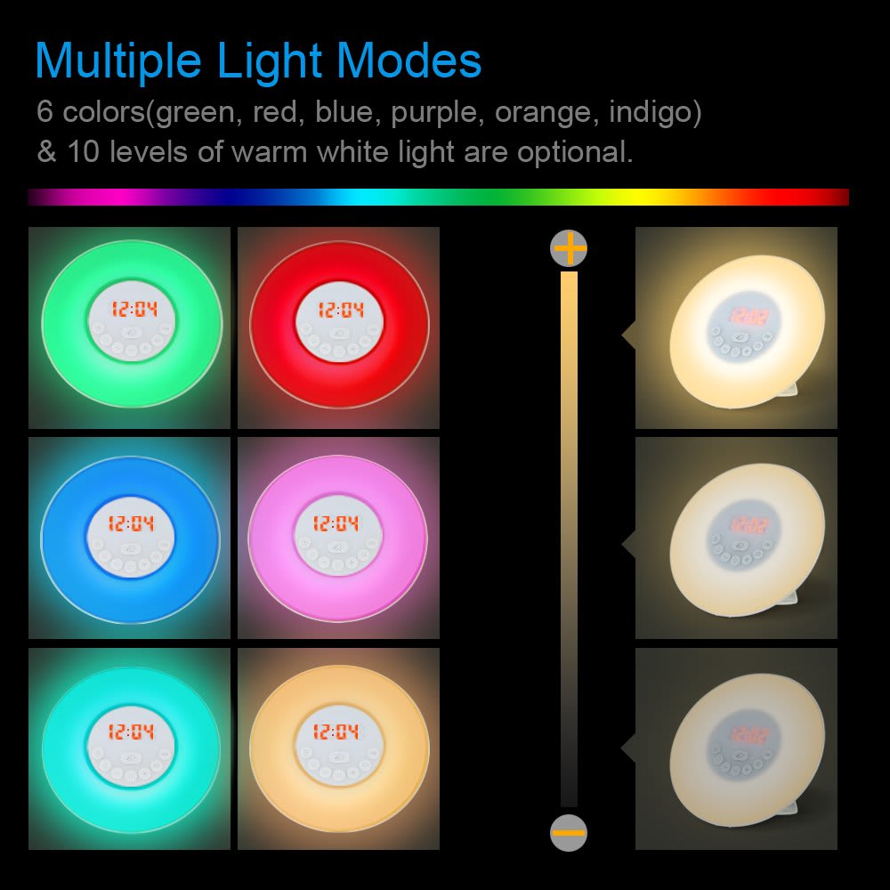 Reloj despertador digital Decdeal con luz de despertador, simulación de amanecer y atardecer, radio3