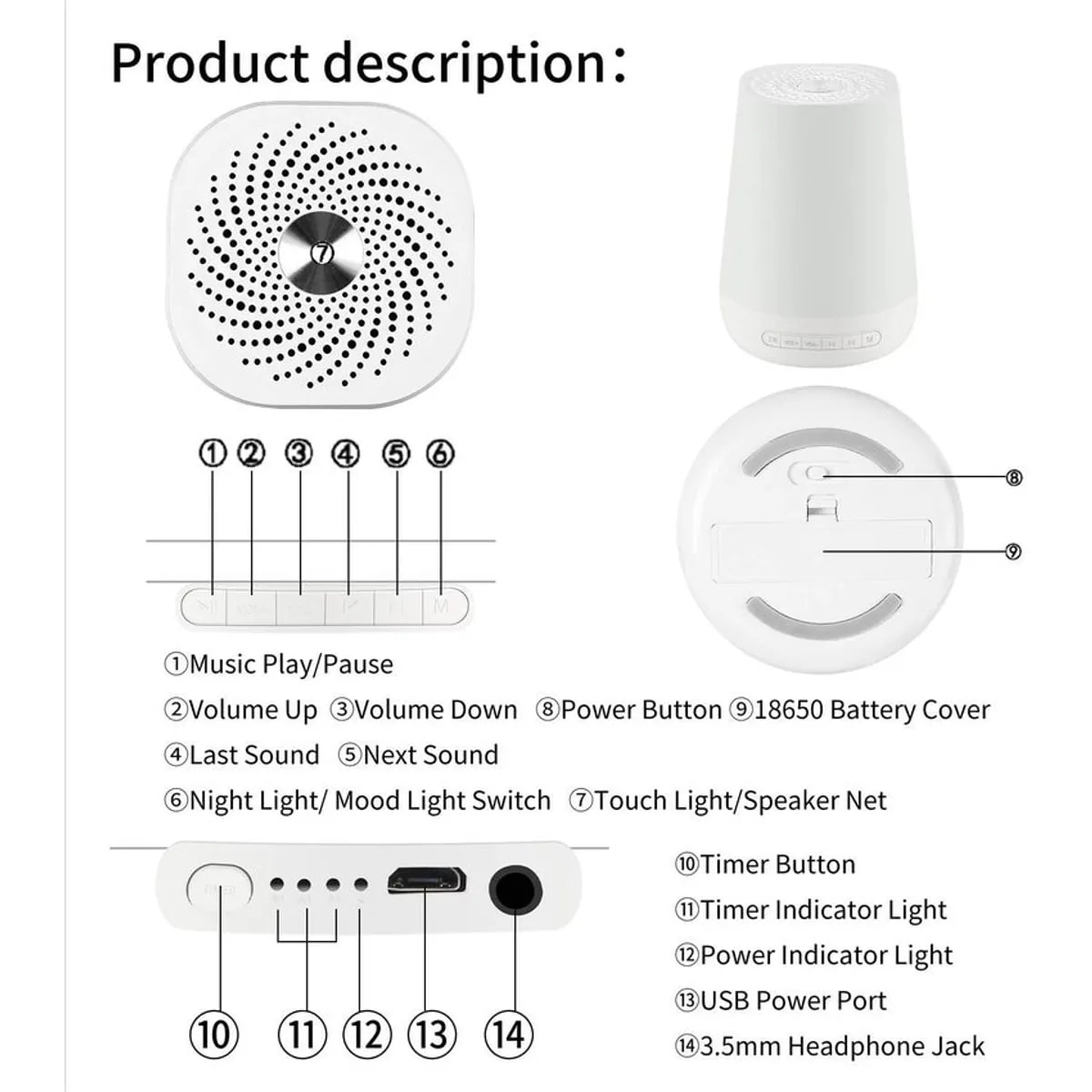 Máquina de ruido blanco con 30 sonidos calmantes WIFI con luces Bluetooth con USB Recargable3
