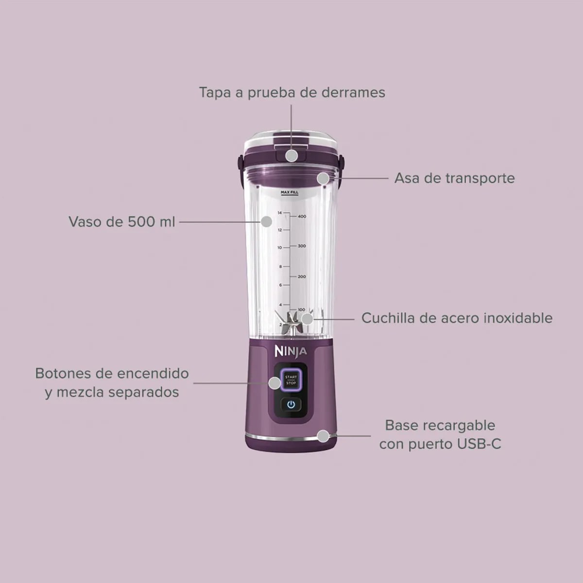 Licuadora Individual Inalámbrica Ninja  0.5 Litros Morado Blast Passion Fruit5
