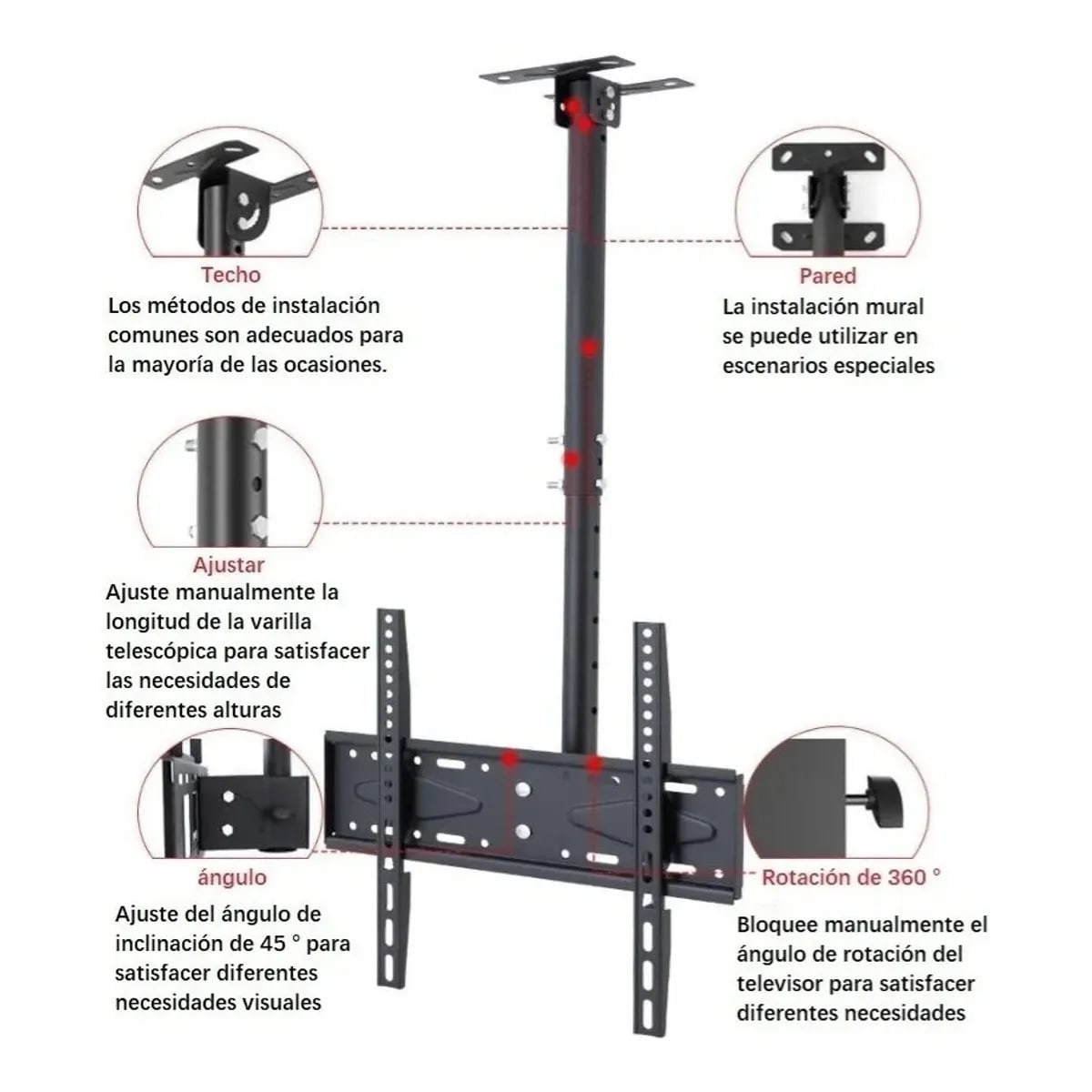 Soporte Tv Techo o Pared Ajustable Base 26 A 60  Color Negro3