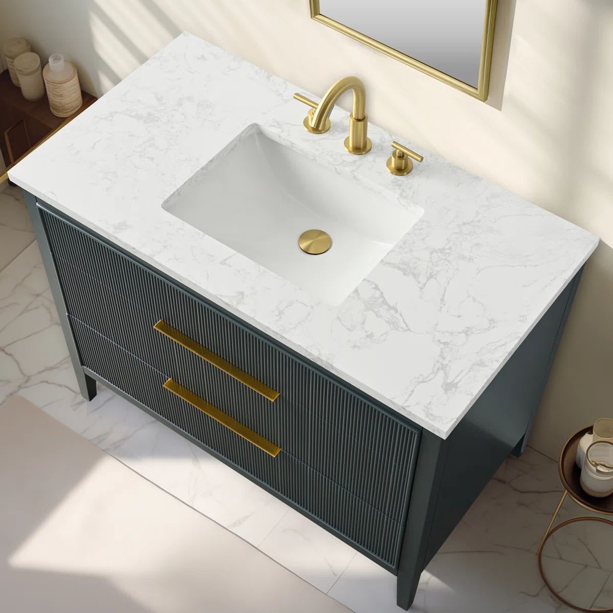 Vanitorio Ebern Bilroy Egremt Marmol Carr 106x56x86 Cm Baño Azul Petróleo Tres Agujeros2