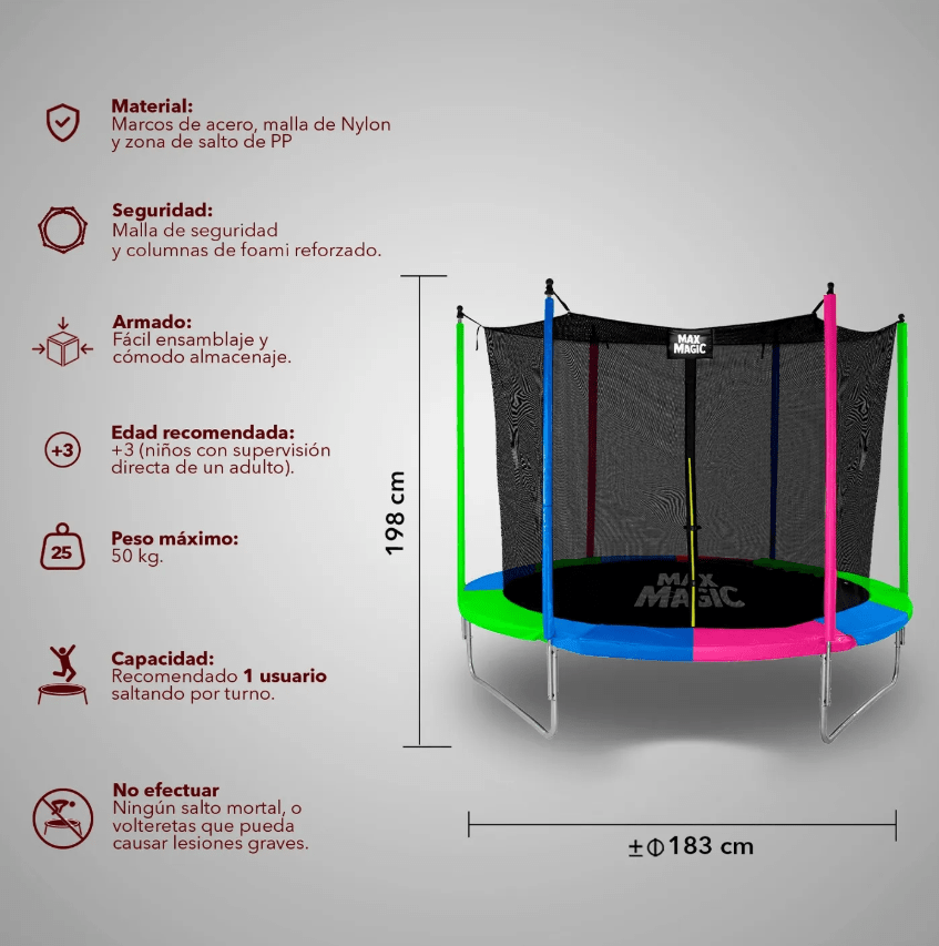 Cama Elástica 183 cm (6 Ft) Multicolor Max magic3