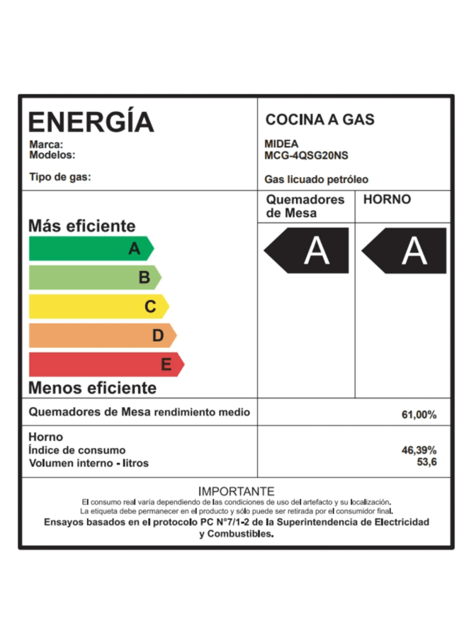 Cocina MIDEA 4 Quemadores Horno de 53.6 Lt Gas Licuado Mcg-4Qsg20Nsbk5