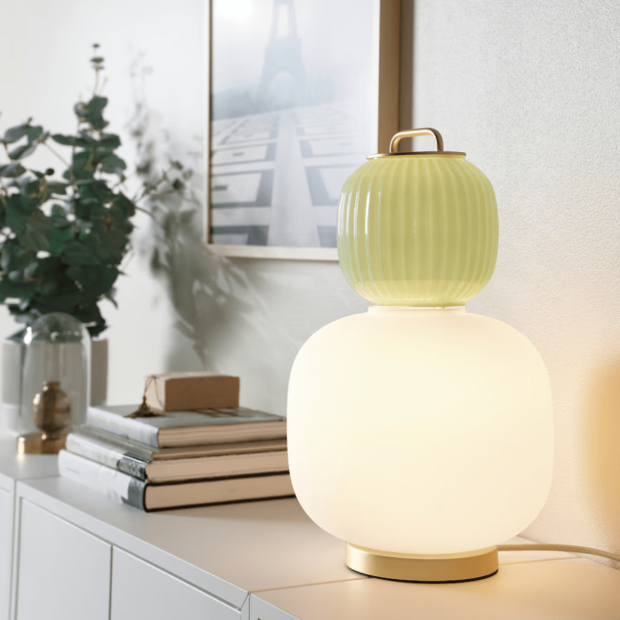 Lámpara de mesa, blanco/verde claro vidrio/efecto dorado metal3