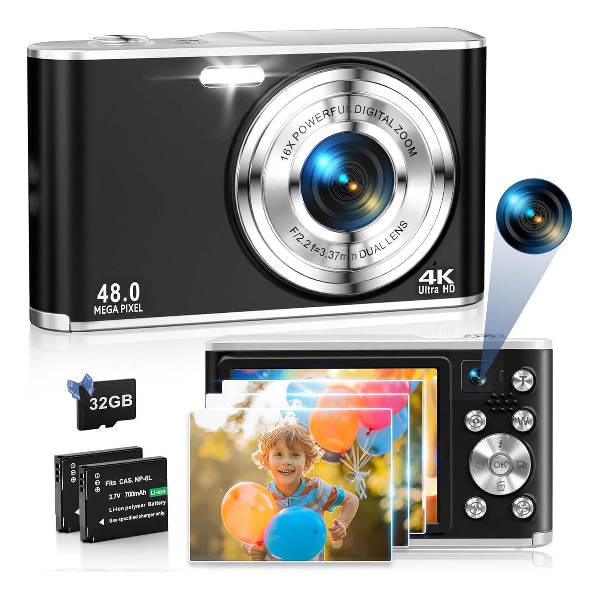 Cámara compacta 4K Pocket 48mp Dual Lens 16x Zoom - Negro2