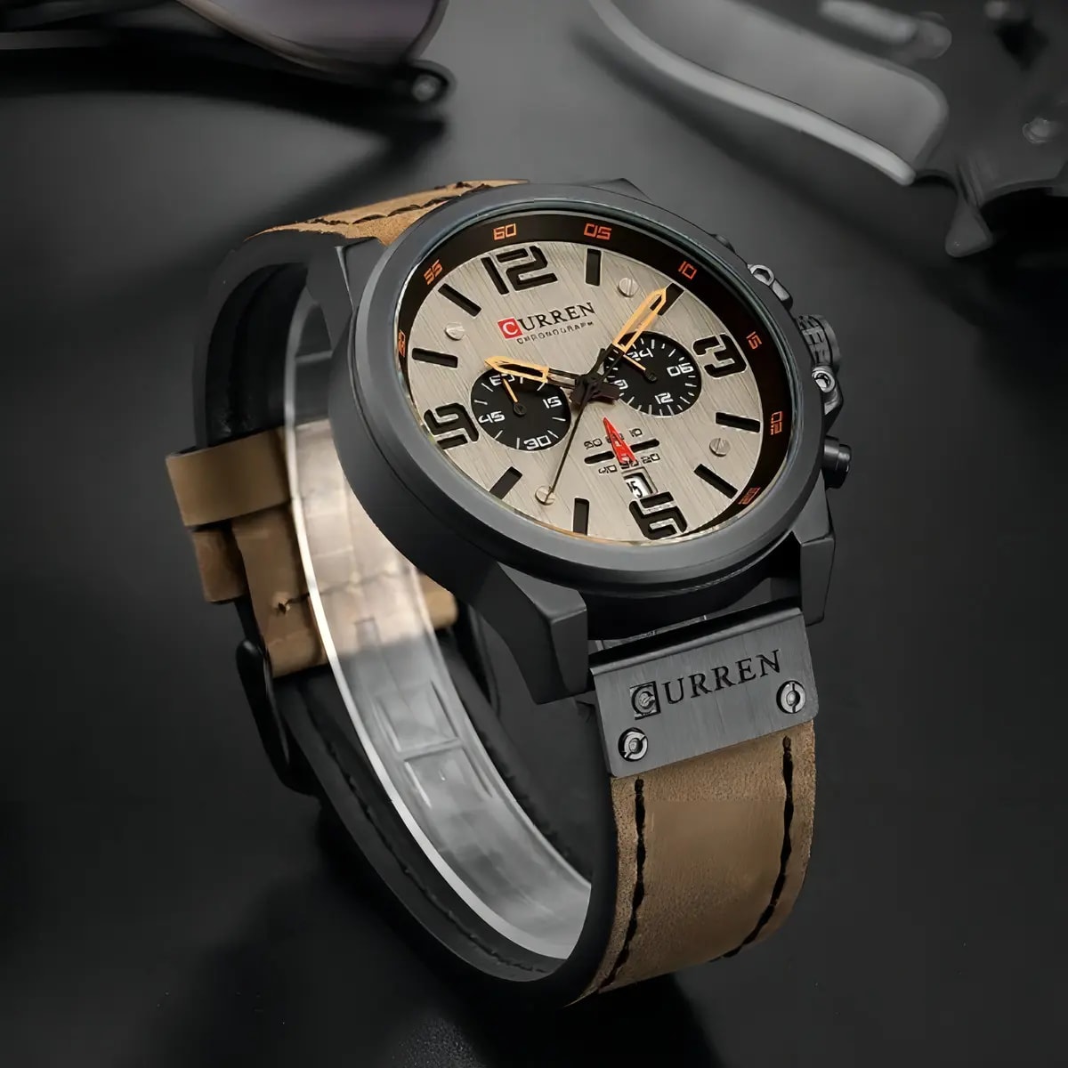 Reloj De Cuero De Lujo Curren Para Hombre Chronograph 8314 Marrón Claro1