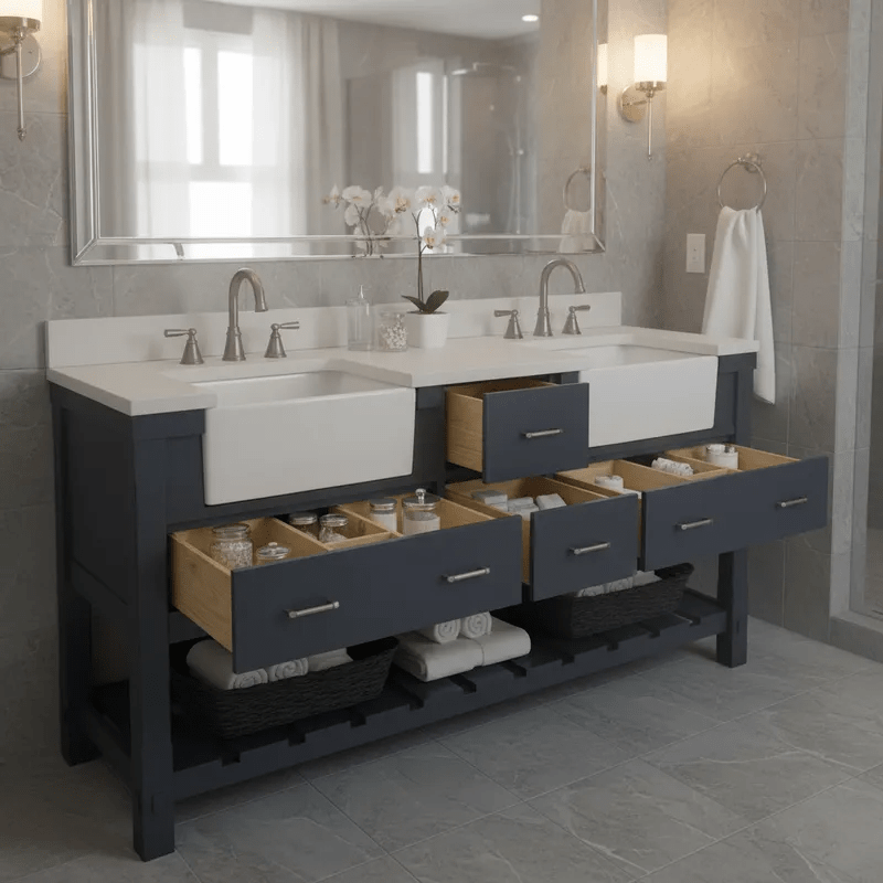 Vanitorio doble lavavo, mueble estructura madera color azul piedra, unico y elegante1