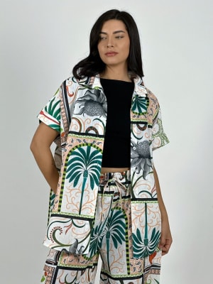 Blusa Italiana Lino Estampado Palmera y Lirios A1-24