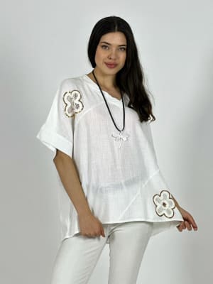 Polera Lino Flores Broderi con Brillos A1-3