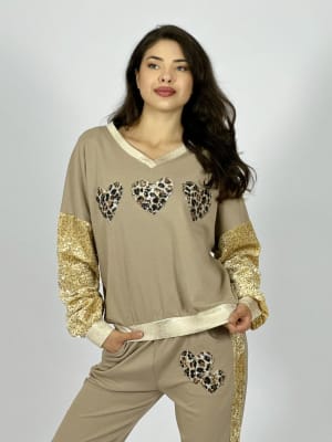 Poleron Algodon Triple Corazon Print Mangas y Bordes Brillos A1-35