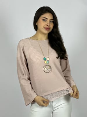 Polera Con Encaje Estampado Relieve Collar Incluido A3-70