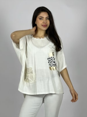 Polera Lino Con Rosas Bordadas en Hombro A4-89