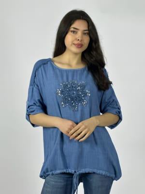 Polera Lino Flor Bordada Con Brillos A1-27
