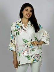 Blusa Lino Mangas Tejidas y Estampado Floreado A4-90