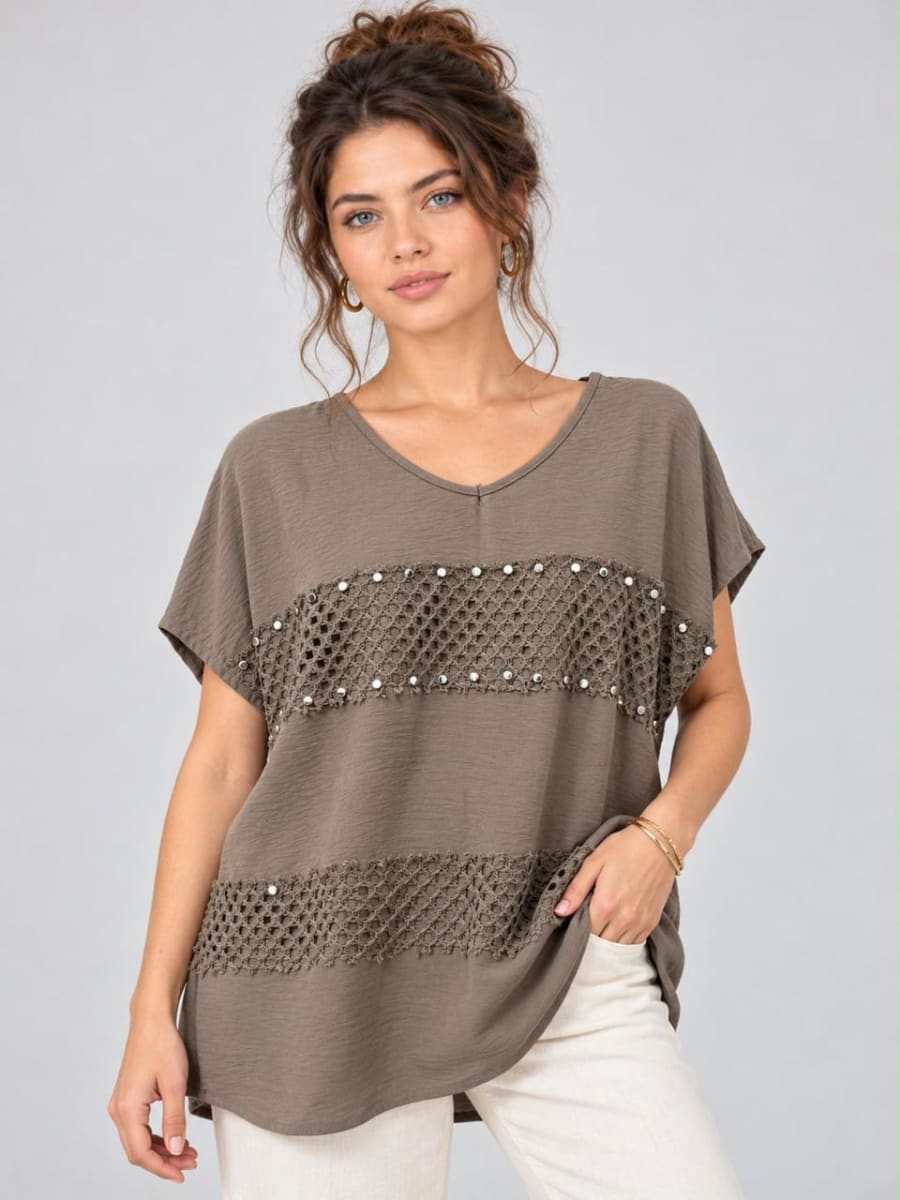 Polera Crepe Partes Tejidas con Tachas A1-83