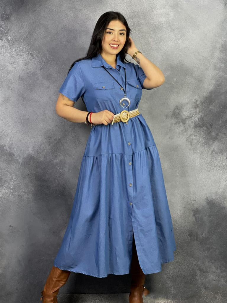 Vestido de Mezclilla Abotonado con Cinturon A1-234