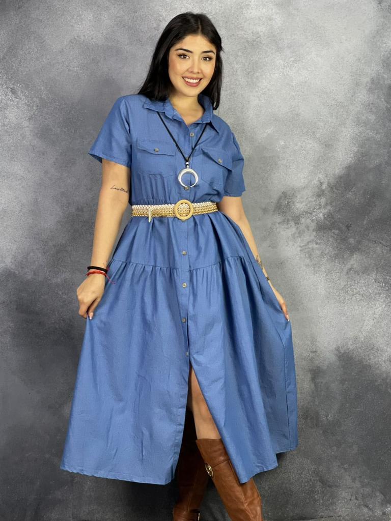 Vestido de Mezclilla Abotonado con Cinturon A1-236