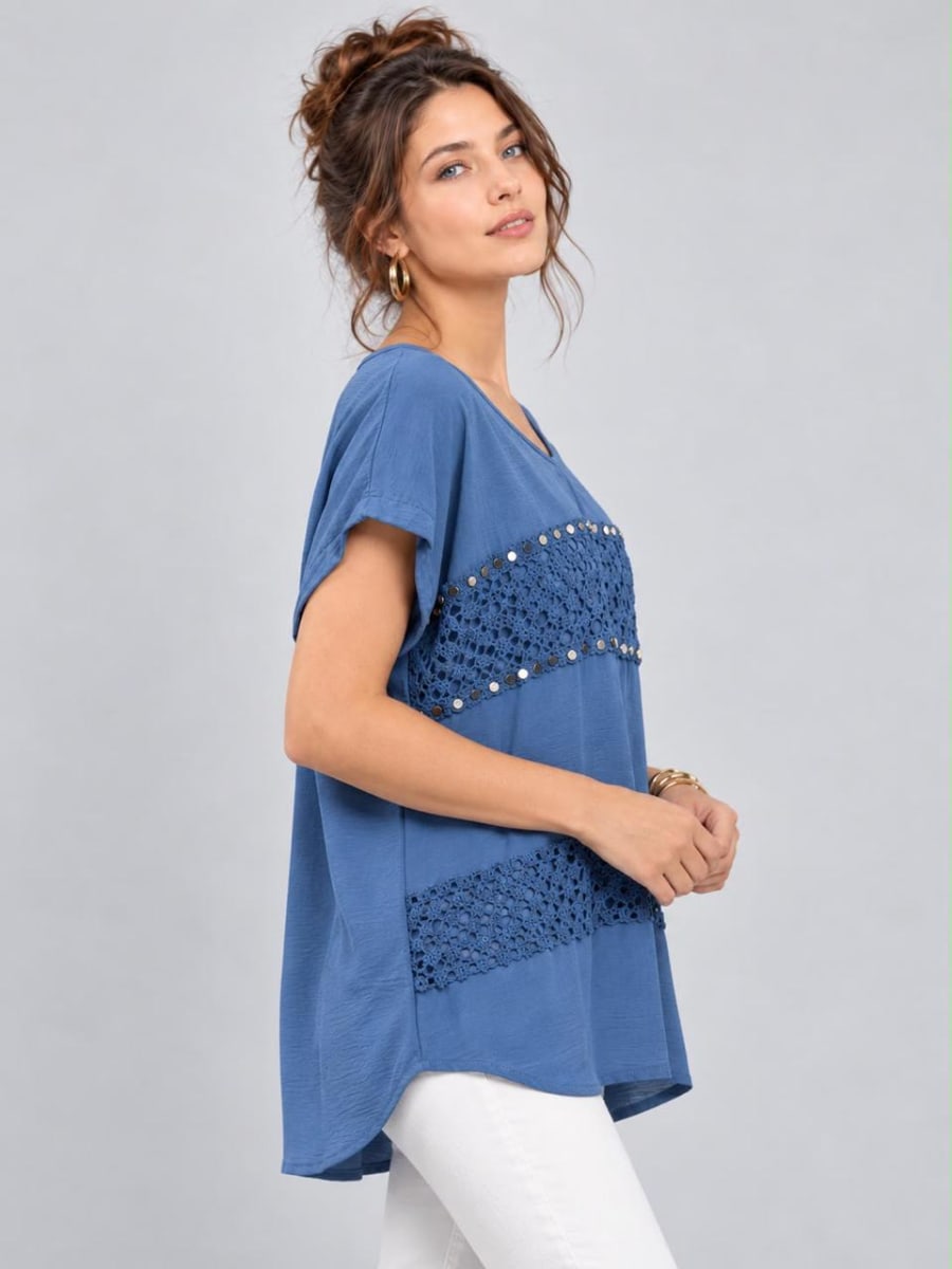 Polera Crepe Partes Tejidas con Tachas A1-81