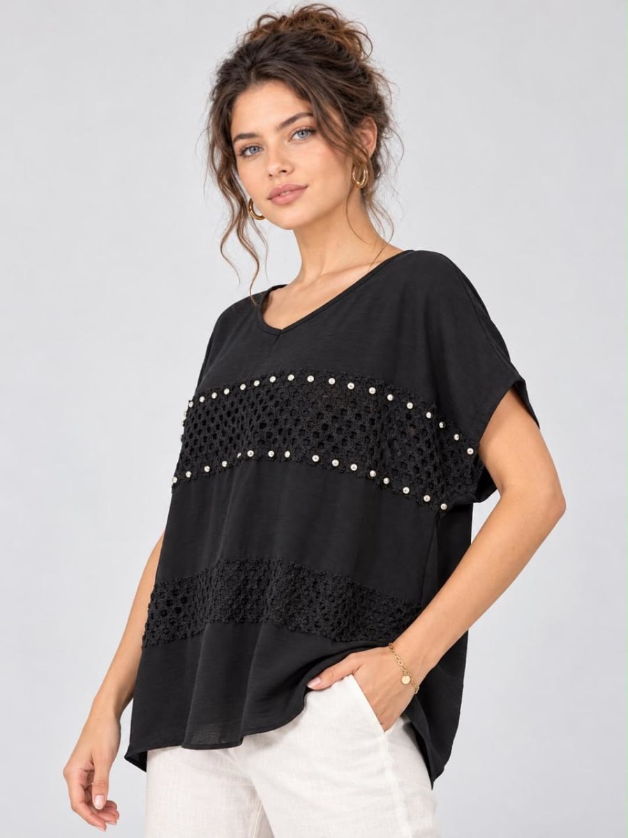 Polera Crepe Partes Tejidas con Tachas A1-85