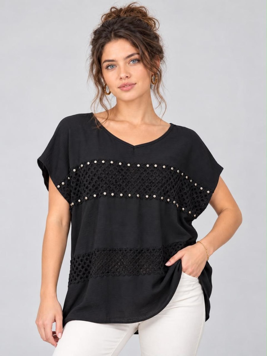Polera Crepe Partes Tejidas con Tachas A1-82