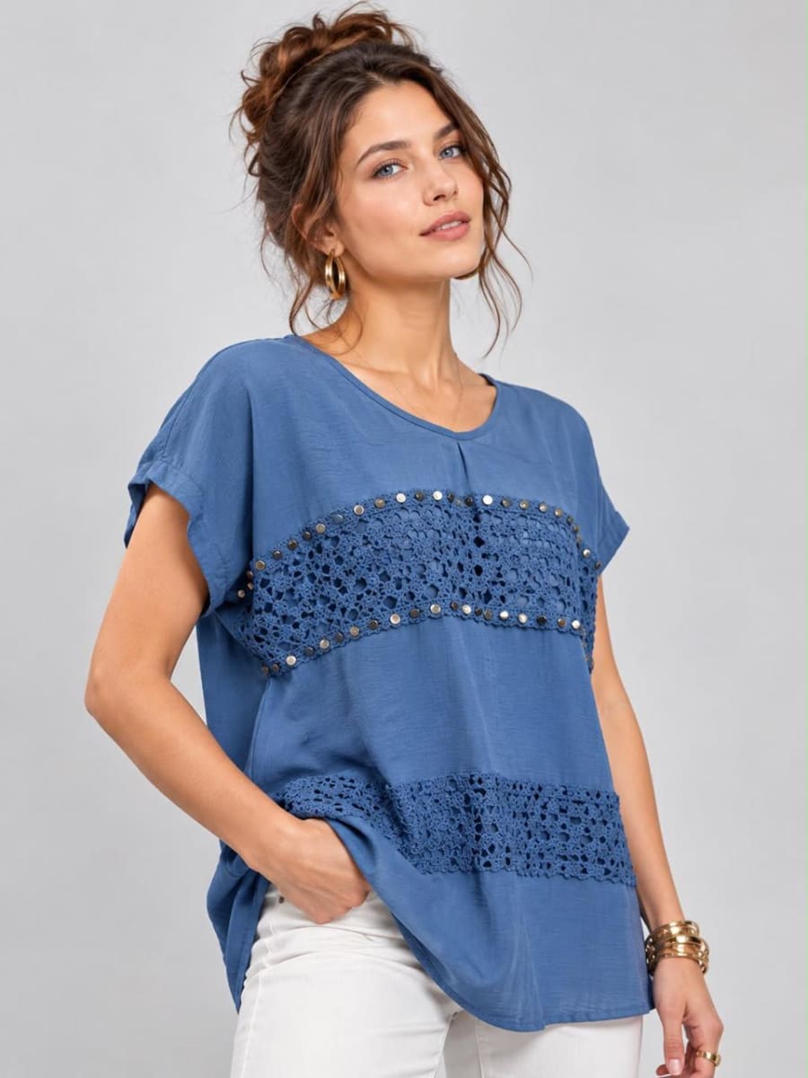 Polera Crepe Partes Tejidas con Tachas A1-86