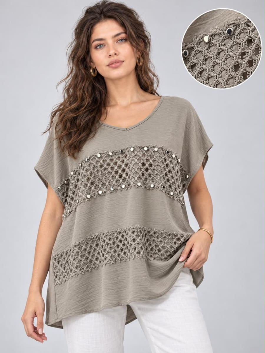 Polera Crepe Partes Tejidas con Tachas A1-84