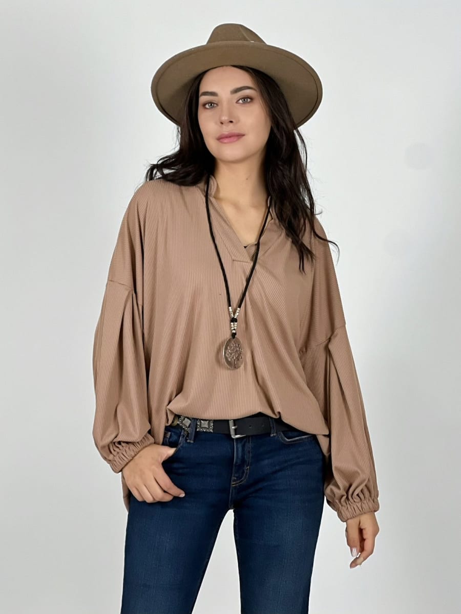 Blusa Spandex Cuello V Mangas Empuñado A3-682