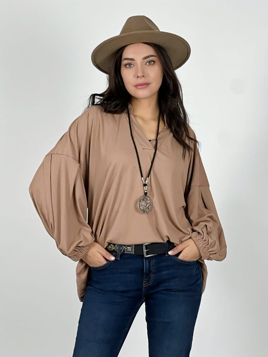Blusa Spandex Cuello V Mangas Empuñado A3-681