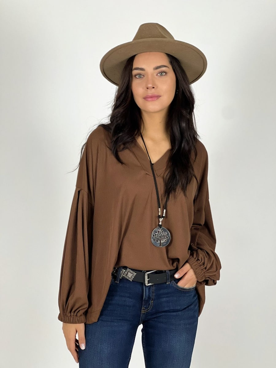 Blusa Spandex Cuello V Mangas Empuñado A3-6810