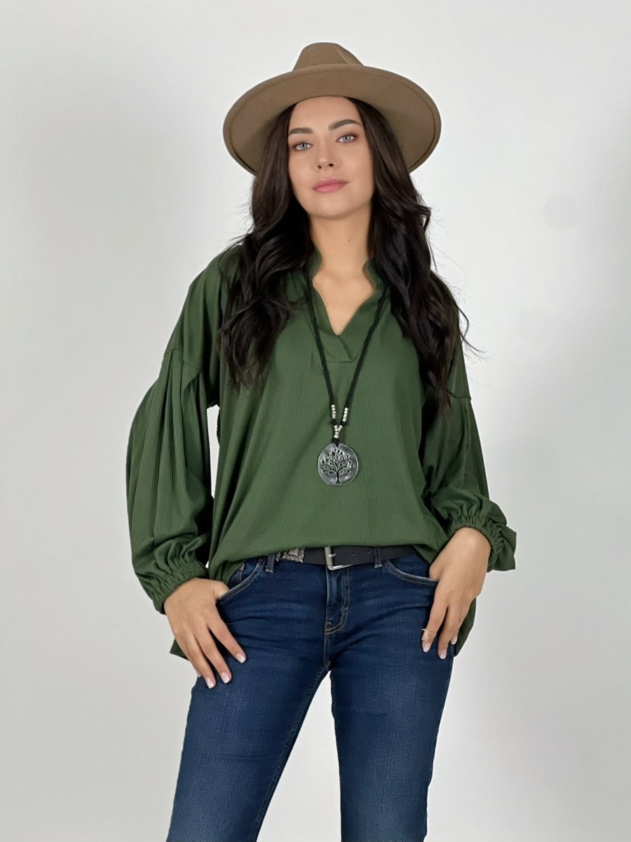 Blusa Spandex Cuello V Mangas Empuñado A3-6811