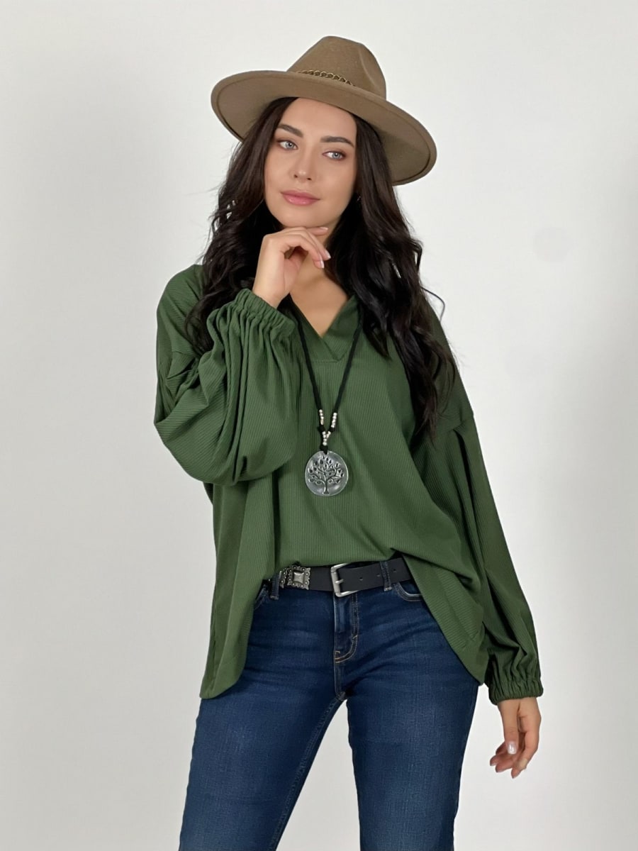 Blusa Spandex Cuello V Mangas Empuñado A3-6813