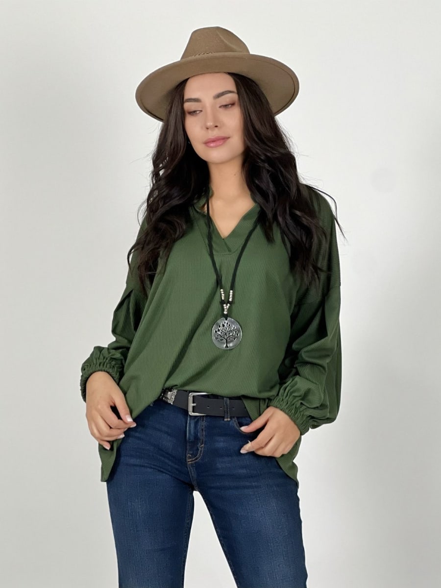 Blusa Spandex Cuello V Mangas Empuñado A3-6812