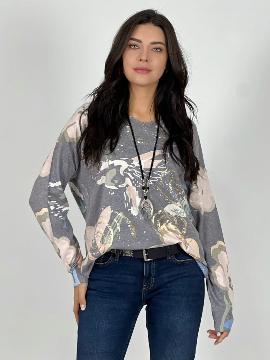 Sweater Spandex Abstracto Brillos Estampado Flores Ave A1-124